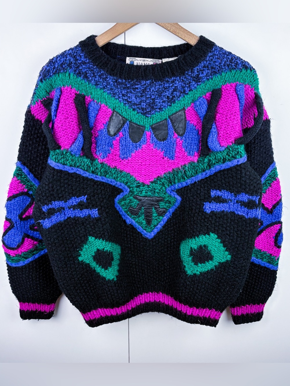 Vintage 80s Mohair Wool Blend Abstract Funky Novelty Chunky Knit Sweater Novo